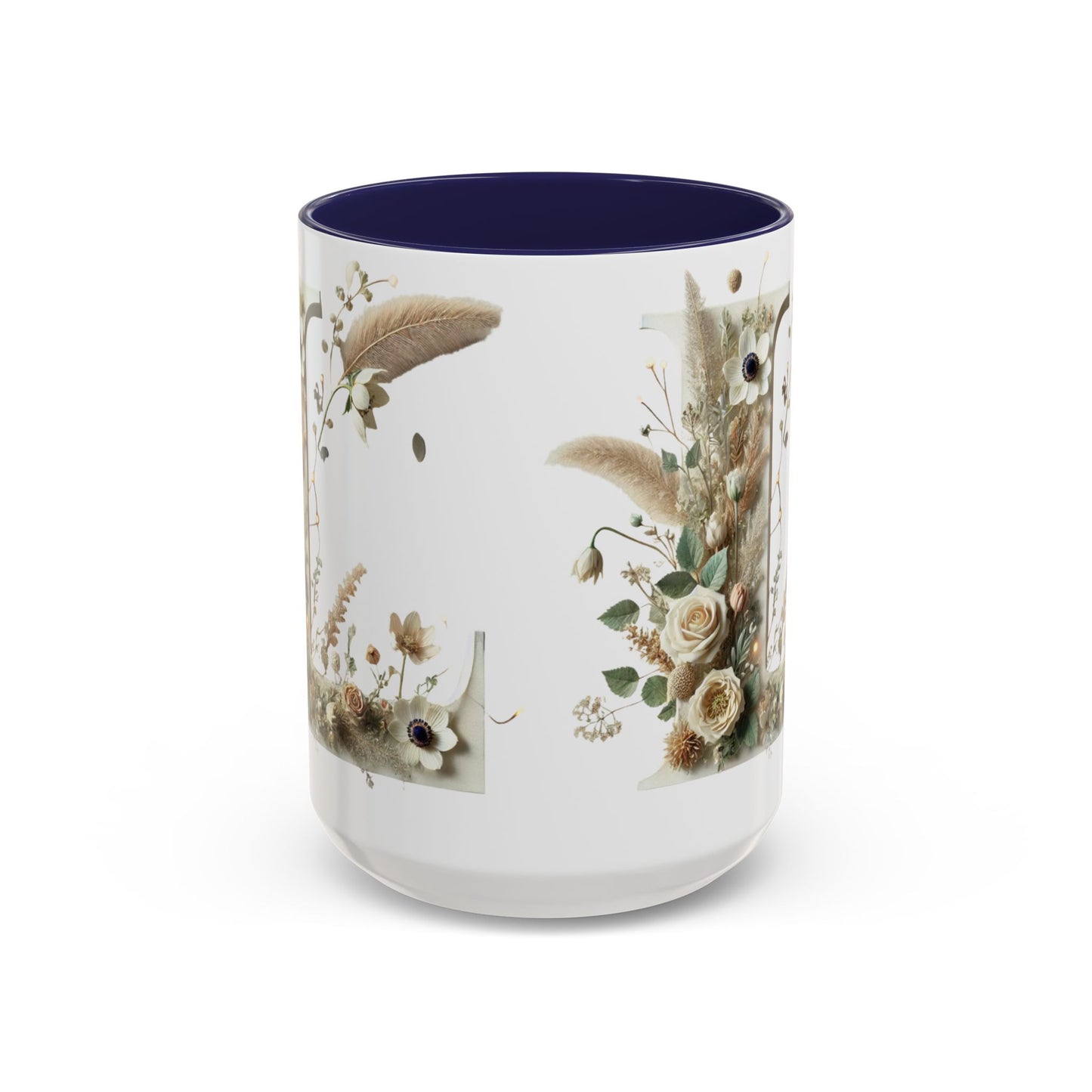Boho 'L' Accent Coffee Mug — Neutral Dried Flowers Design 15oz