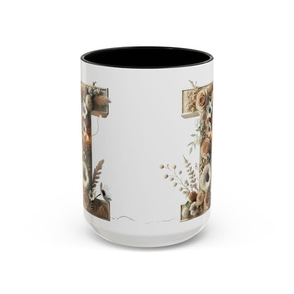 Artistic Letter 'I' Accent Coffee Mug — Rustic Monogram Initial Gift 15oz