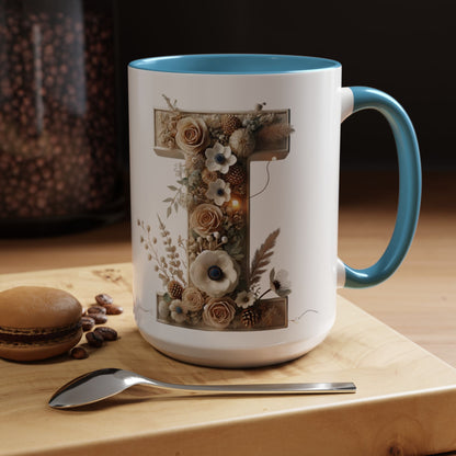 Artistic Letter 'I' Accent Coffee Mug — Rustic Monogram Initial Gift 15oz