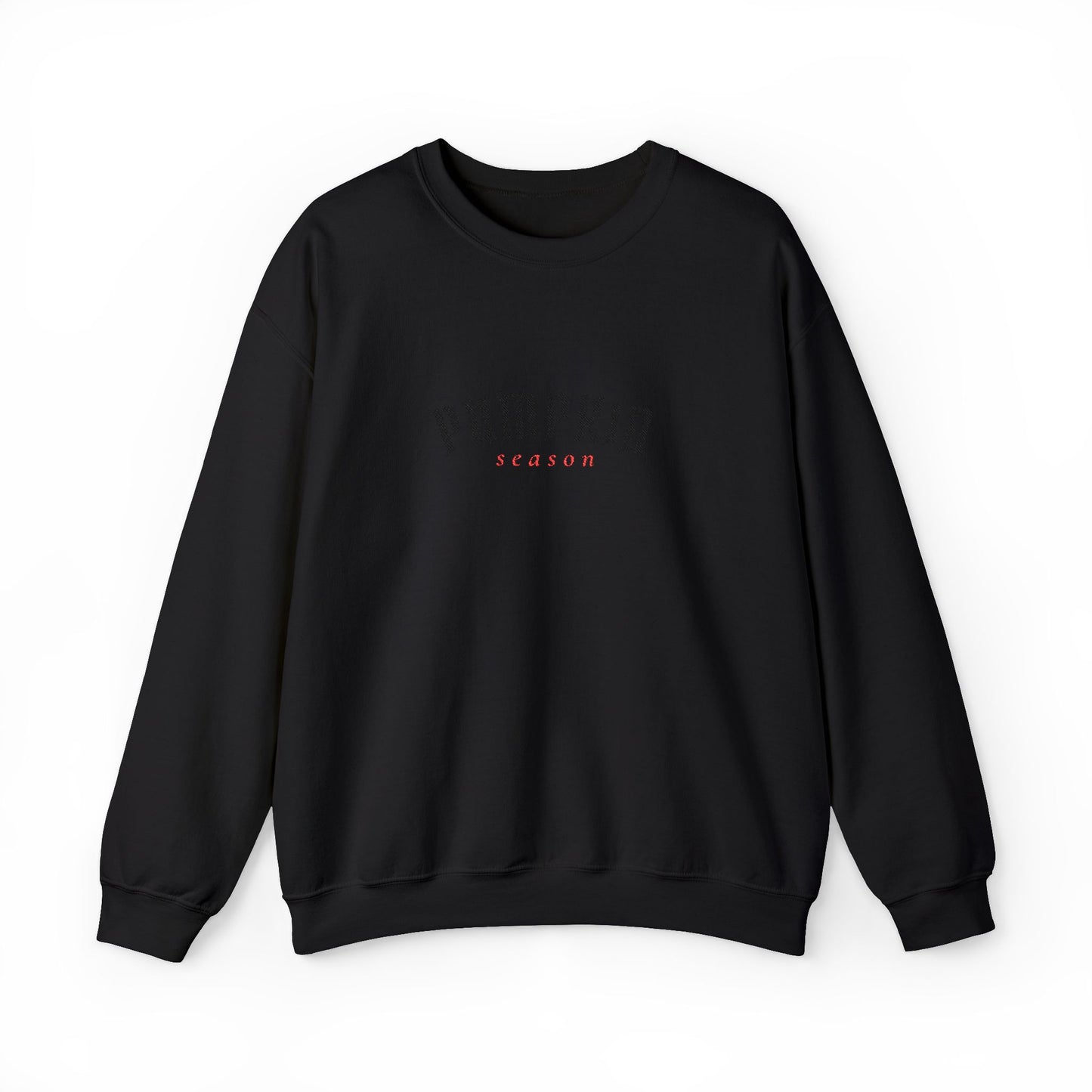 Crewneck Sweatshirt — Embroidered Black “Pumpkin Season” Fall Graphic