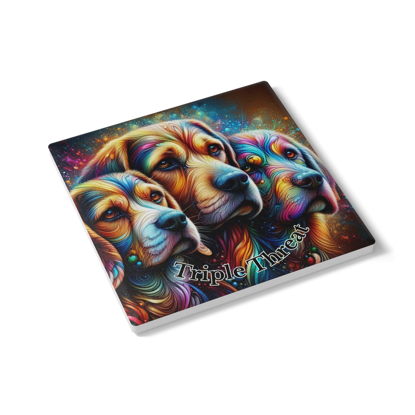 Colorful Trio Dogs Ceramic Coaster — 'Triple Threat' Beagle, Labrador & Rottweiler