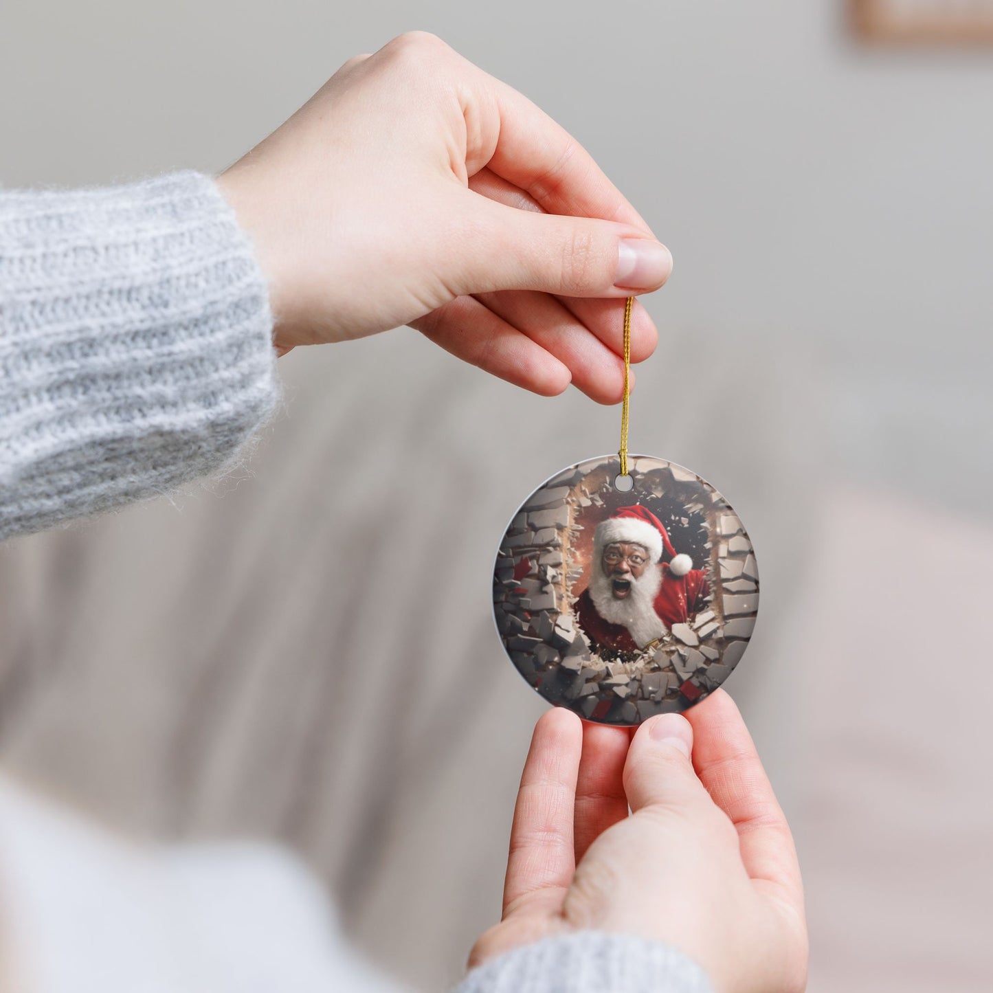 Santa Breaking Through Ornament - Hilarious Holiday Ceramic 3D Decoration