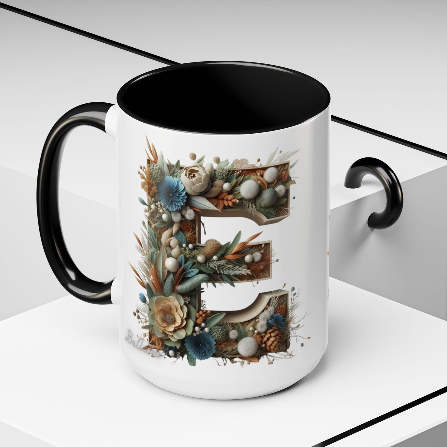 Artistic 'E' Letter Accent Coffee Mug – Botanical Initial Design 15oz