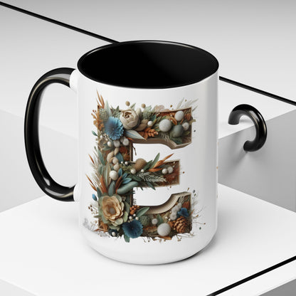 Artistic 'E' Letter Accent Coffee Mug – Botanical Initial Design 15oz