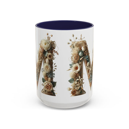 Floral Monogram 'M' Accent Coffee Mug — Rustic Botanical Initial Gift 15oz
