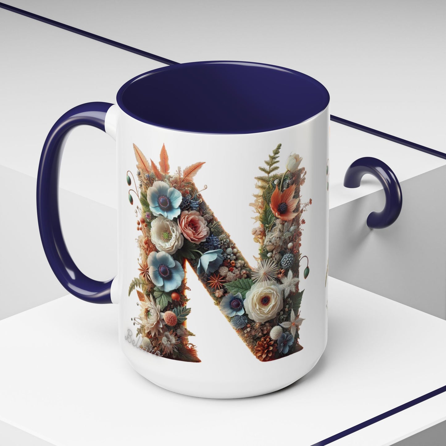 Floral Letter 'N' Accent Coffee Mug — Botanical Monogram Gift 15oz