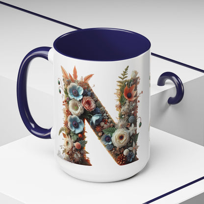 Floral Letter 'N' Accent Coffee Mug — Botanical Monogram Gift 15oz