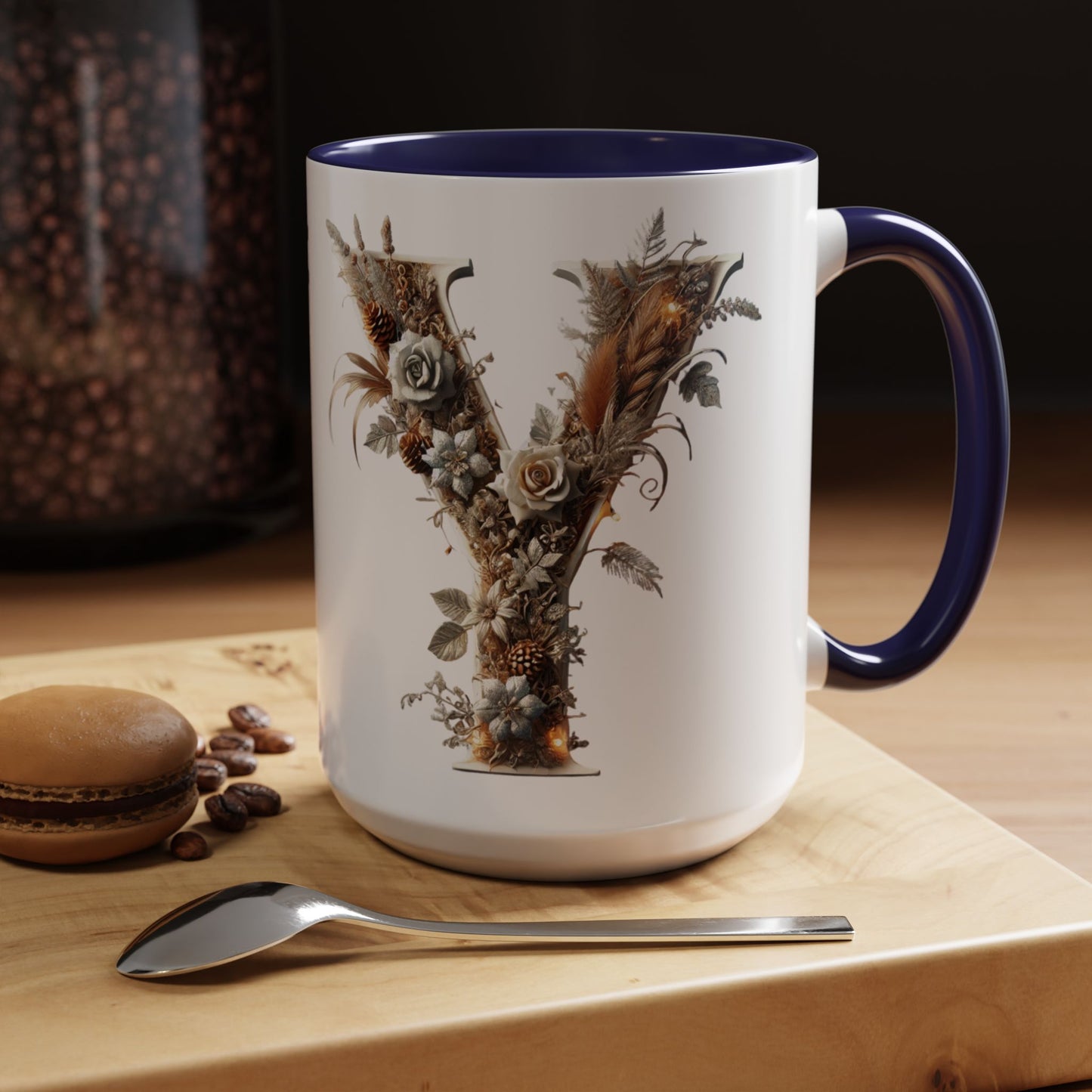 Artistic Monogram 'Y' Accent Coffee Mug — Elegant Botanical Initial Mug 15oz