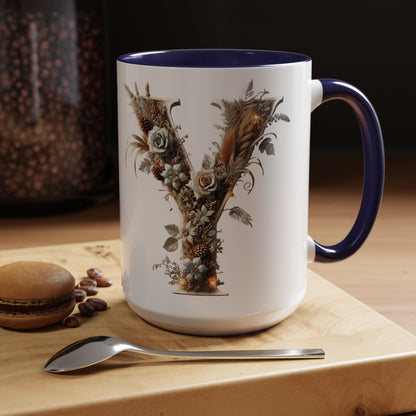 Artistic Monogram 'Y' Accent Coffee Mug — Elegant Botanical Initial Mug 15oz
