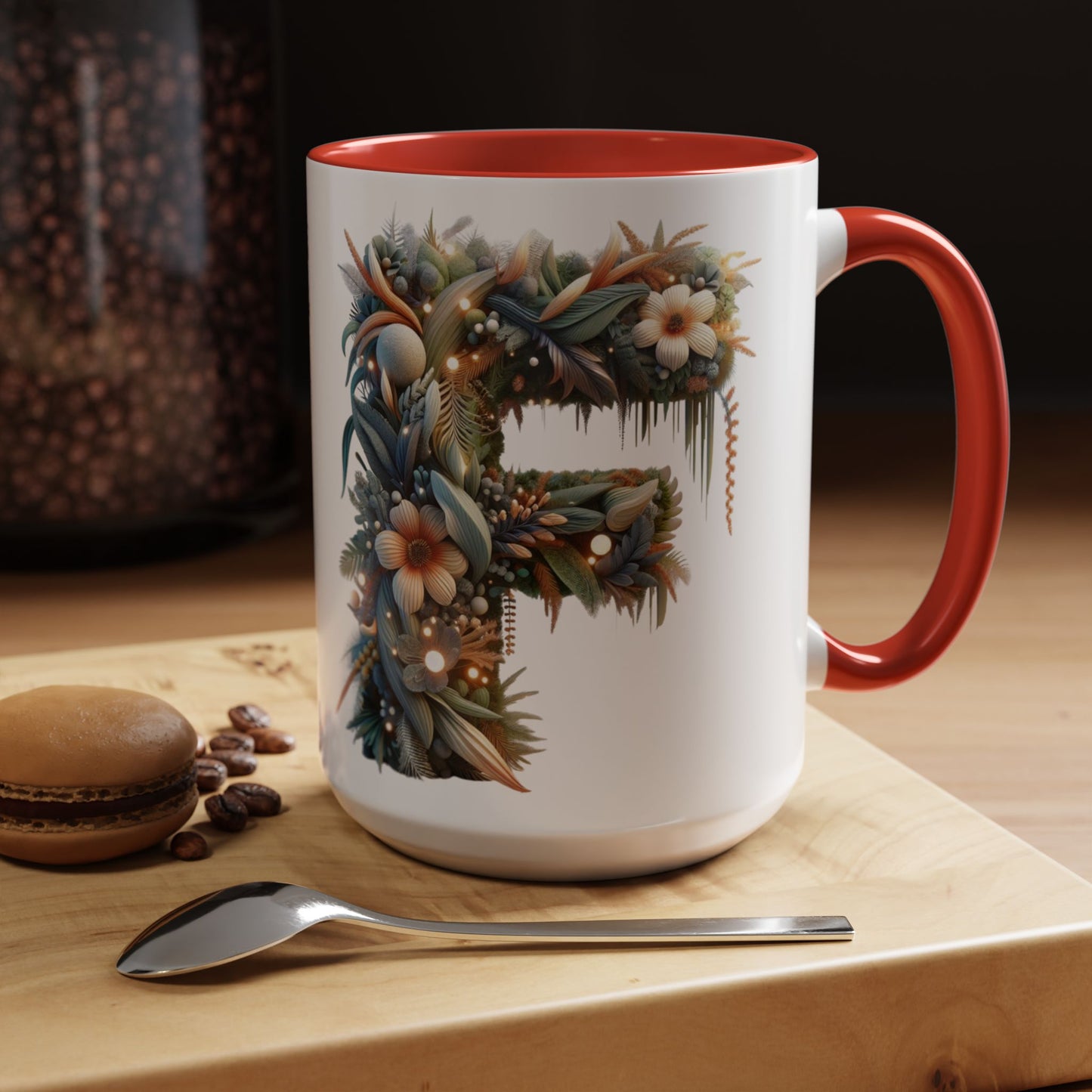 Floral Letter 'F' Accent Coffee Mug — Botanical Monogram 15oz