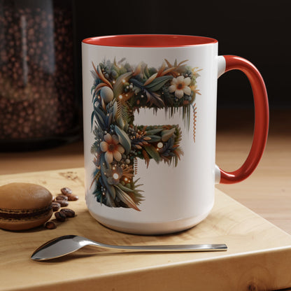 Floral Letter 'F' Accent Coffee Mug — Botanical Monogram 15oz
