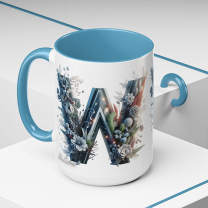Floral Monogram Letter 'W' Accent Coffee Mug — Decorative Initial Monogram Mug 15oz