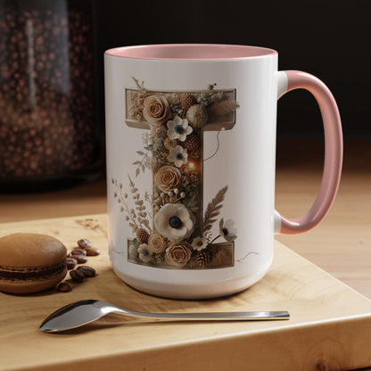 Artistic Letter 'I' Accent Coffee Mug — Rustic Monogram Initial Gift 15oz