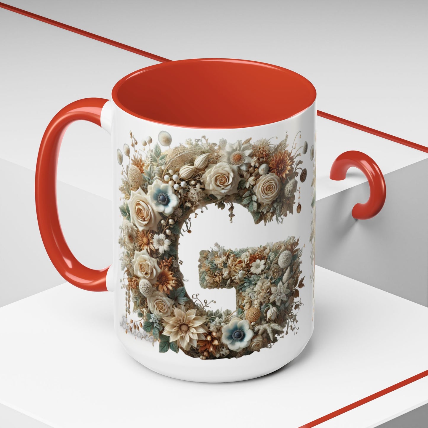 Floral Monogram 'G' Accent Coffee Mug — Botanical Initial Gift 15oz
