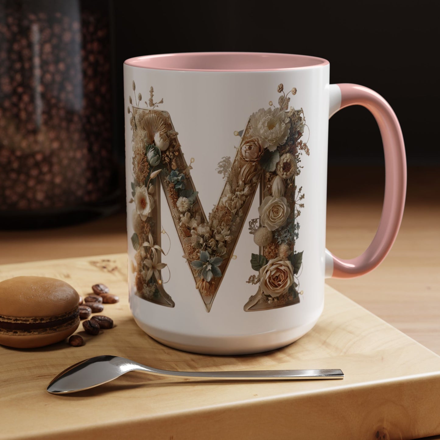 Floral Monogram 'M' Accent Coffee Mug — Rustic Botanical Initial Gift 15oz