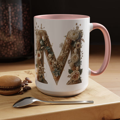 Floral Monogram 'M' Accent Coffee Mug — Rustic Botanical Initial Gift 15oz