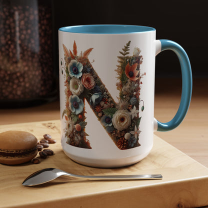 Floral Letter 'N' Accent Coffee Mug — Botanical Monogram Gift 15oz