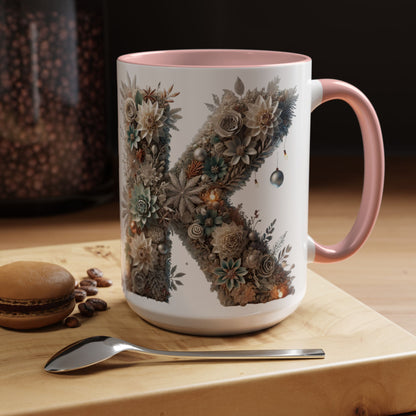 Floral Letter 'K' Accent Coffee Mug — Elegant Botanical Monogram Gift 15oz