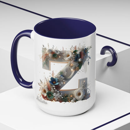 Floral Monogram 'Z' Accent Coffee Mug — 15oz Personalized Initial Mug