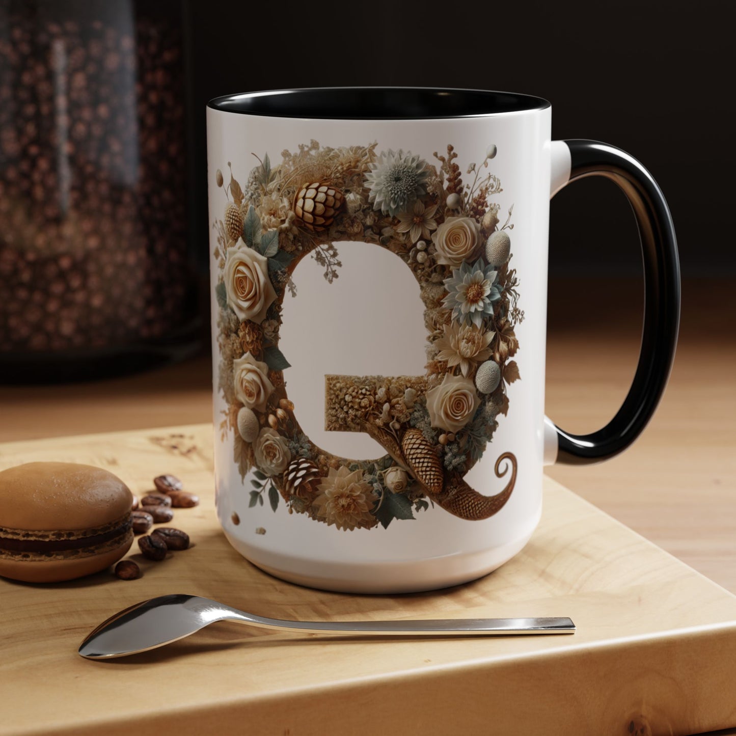Floral Coffee Mug — Decorative 'Q' Monogram Accent Mug 15oz