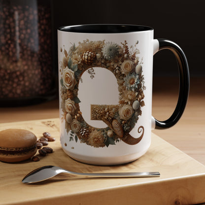 Floral Coffee Mug — Decorative 'Q' Monogram Accent Mug 15oz