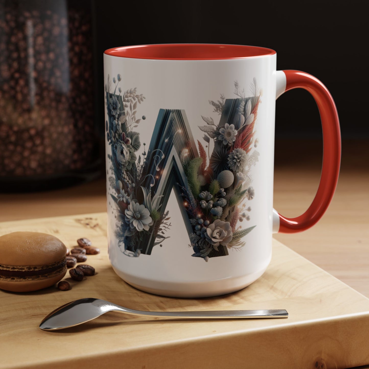 Floral Monogram Letter 'W' Accent Coffee Mug — Decorative Initial Monogram Mug 15oz