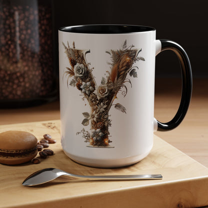 Artistic Monogram 'Y' Accent Coffee Mug — Elegant Botanical Initial Mug 15oz