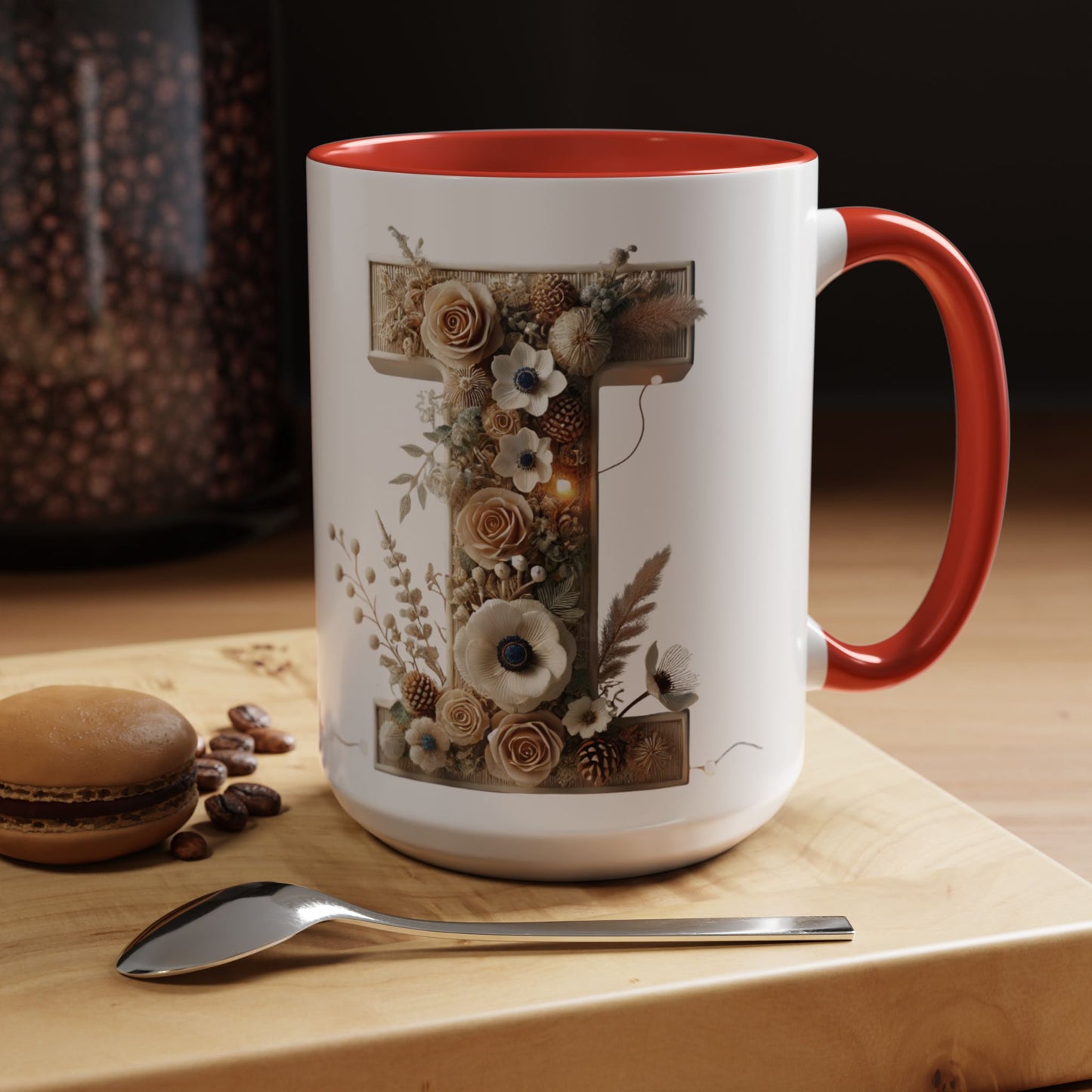 Artistic Letter 'I' Accent Coffee Mug — Rustic Monogram Initial Gift 15oz