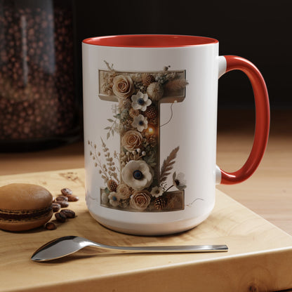 Artistic Letter 'I' Accent Coffee Mug — Rustic Monogram Initial Gift 15oz