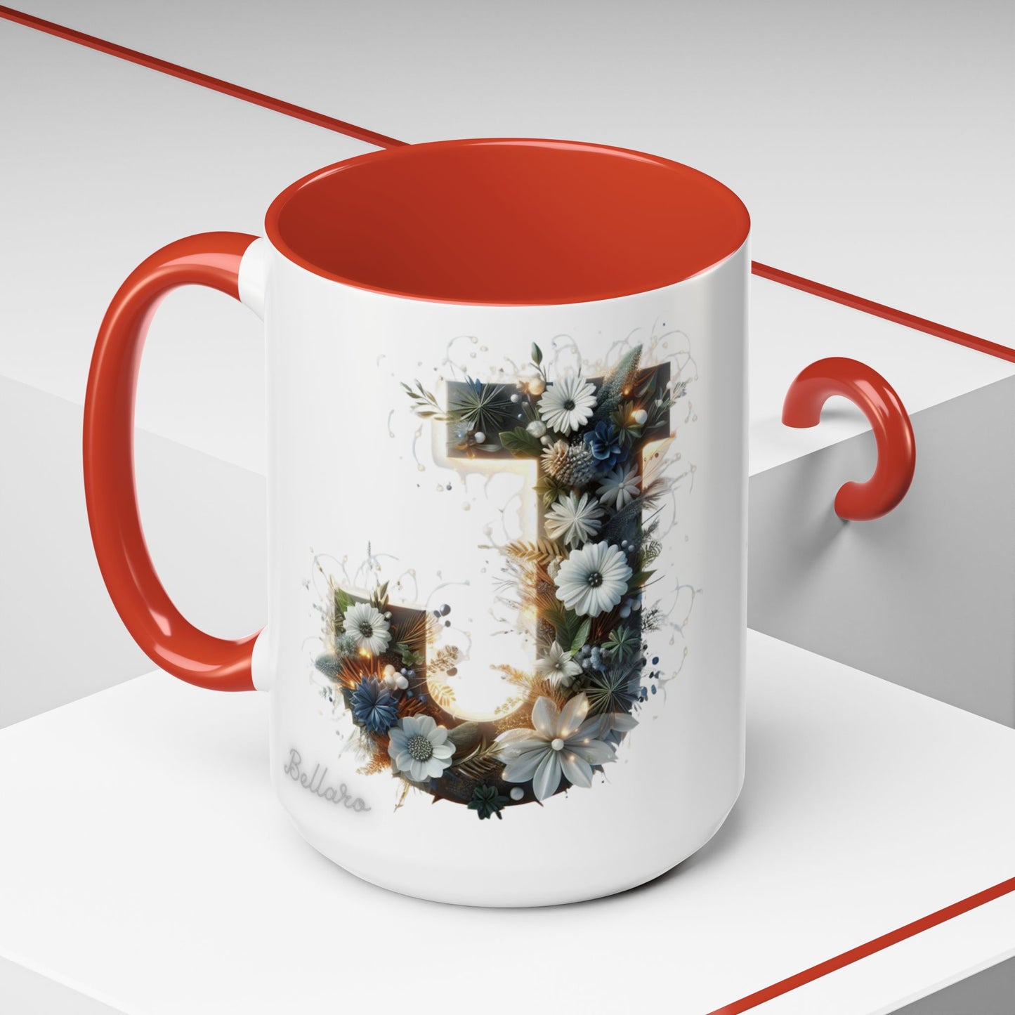 Floral Monogram Coffee Mug — Letter 'J' Accent Mug 15 oz