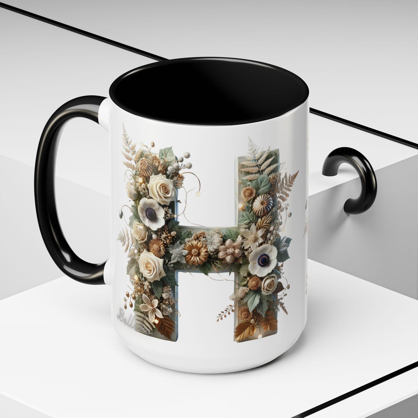 Floral Letter 'H' Accent Coffee Mug — Botanical Monogram Ceramic Mug