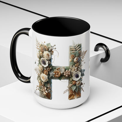 Floral Letter 'H' Accent Coffee Mug — Botanical Monogram Ceramic Mug