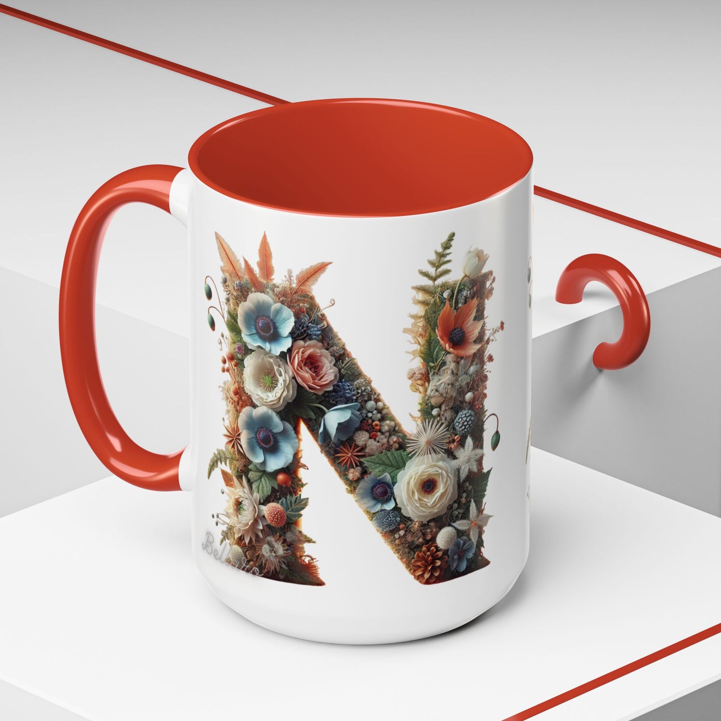 Floral Letter 'N' Accent Coffee Mug — Botanical Monogram Gift 15oz