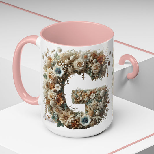 Floral Monogram 'G' Accent Coffee Mug — Botanical Initial Gift 15oz