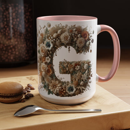 Floral Monogram 'G' Accent Coffee Mug — Botanical Initial Gift 15oz