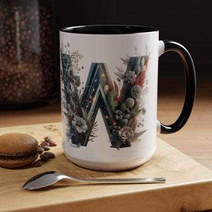 Floral Monogram Letter 'W' Accent Coffee Mug — Decorative Initial Monogram Mug 15oz