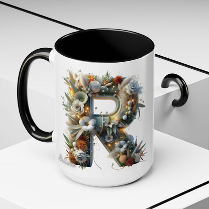 Personalized Monogram 'R' Artistic Floral Accent Coffee Mug 15oz