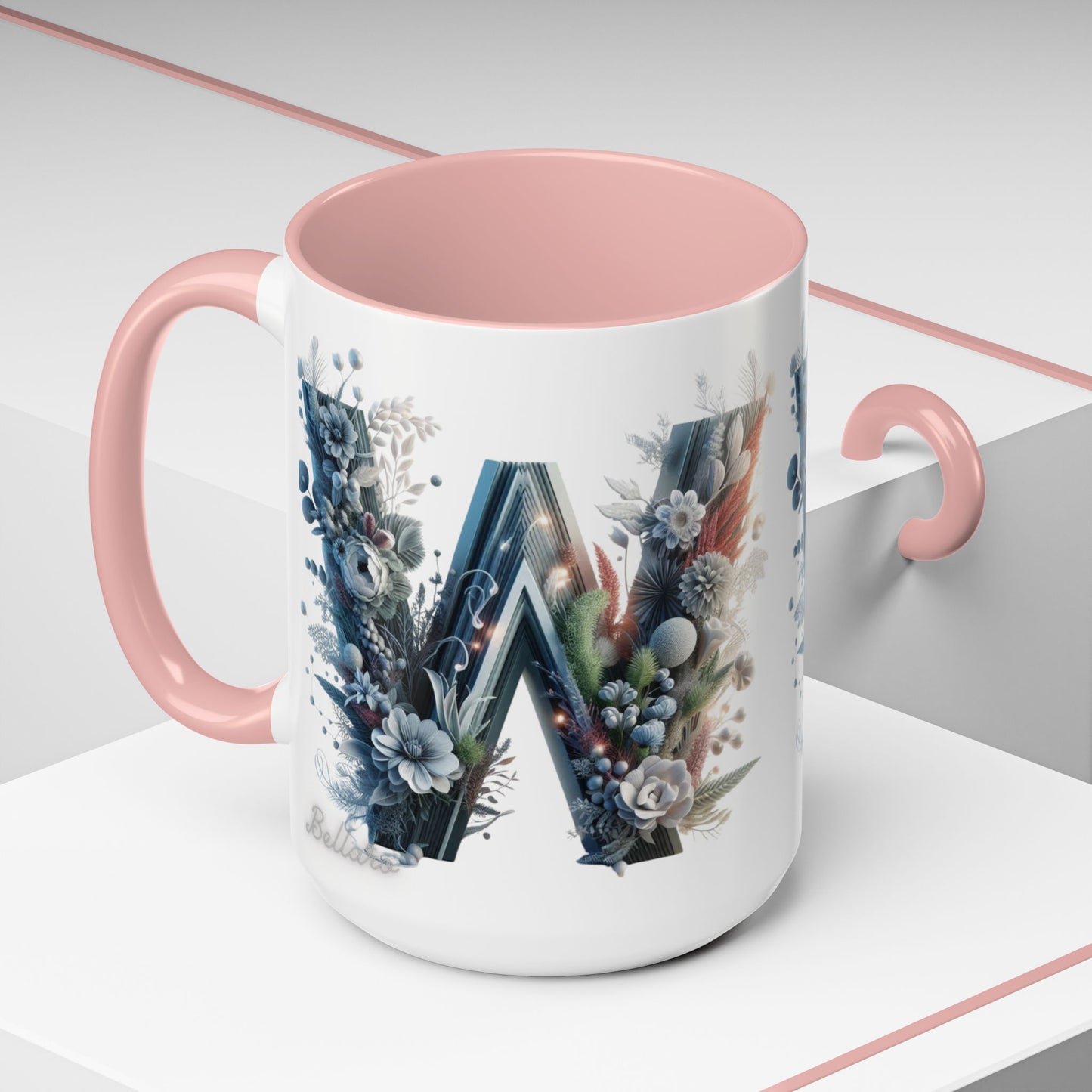 Floral Monogram Letter 'W' Accent Coffee Mug — Decorative Initial Monogram Mug 15oz