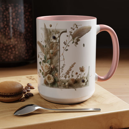 Boho 'L' Accent Coffee Mug — Neutral Dried Flowers Design 15oz