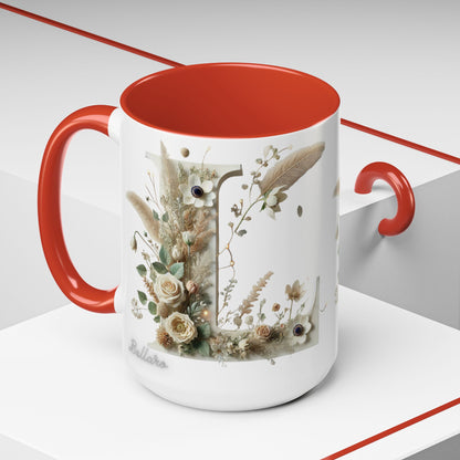 Boho 'L' Accent Coffee Mug — Neutral Dried Flowers Design 15oz