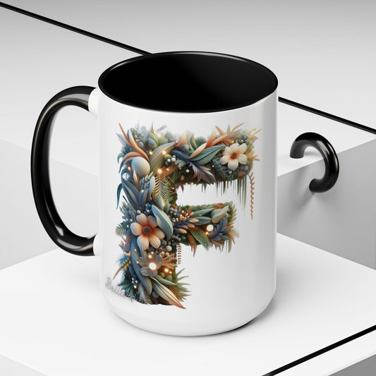 Floral Letter 'F' Accent Coffee Mug — Botanical Monogram 15oz