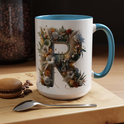 Personalized Monogram 'R' Artistic Floral Accent Coffee Mug 15oz