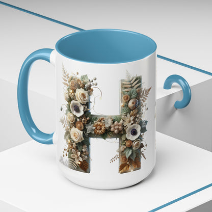 Floral Letter 'H' Accent Coffee Mug — Botanical Monogram Ceramic Mug