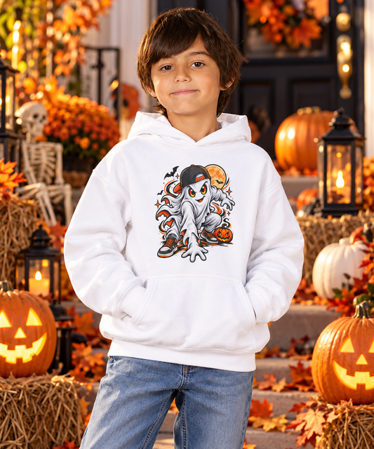Youth Hoodie — Playful Ghost & Pumpkin Halloween Pullover