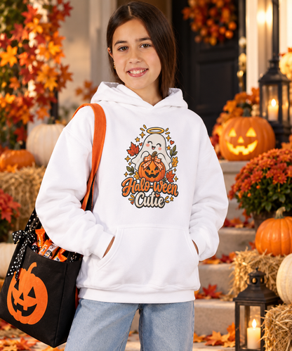 Halloween Cutie Youth Hoodie — Cute Ghost & Jack-O’-Lantern Kids Pullover