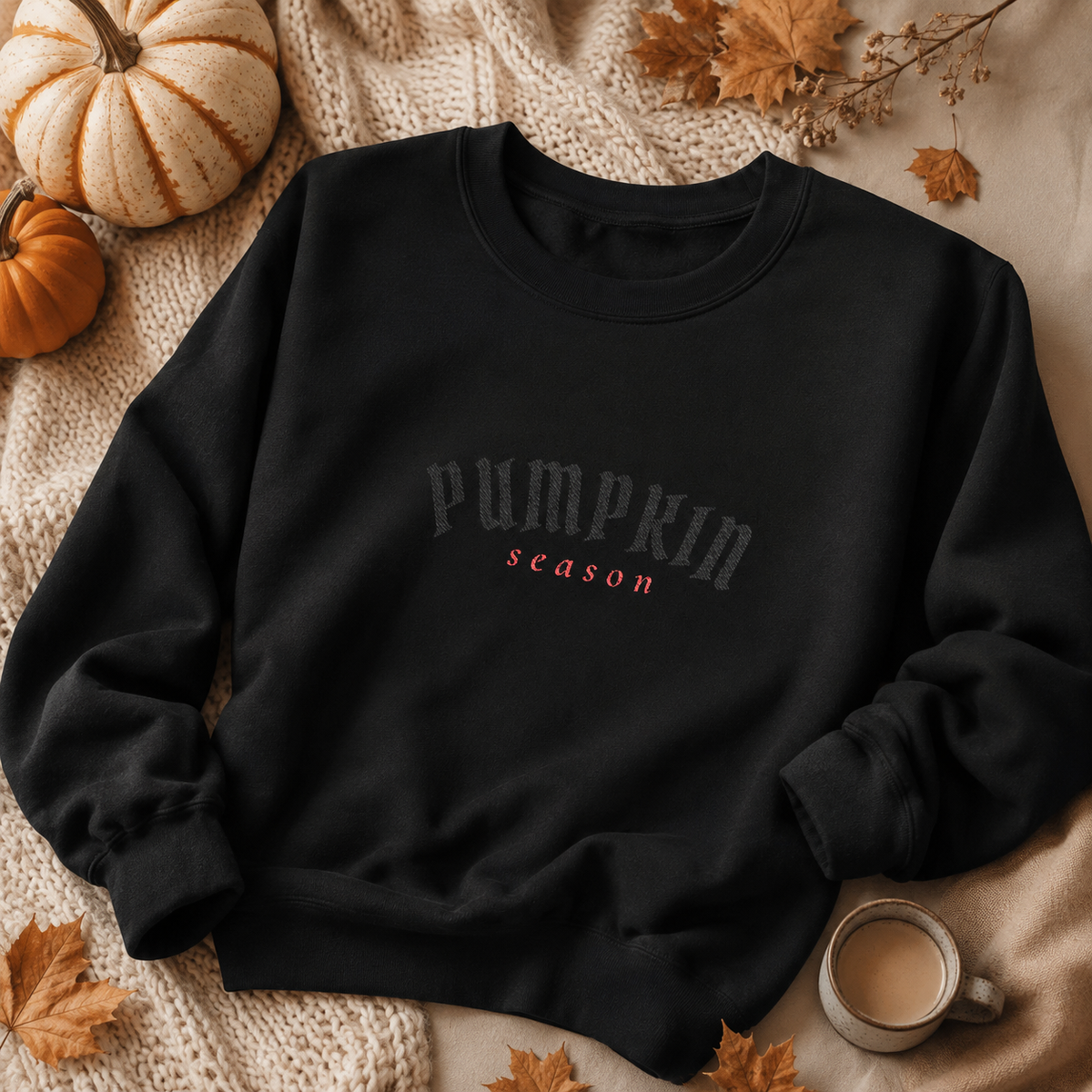 Crewneck Sweatshirt — Embroidered Black “Pumpkin Season” Fall Graphic