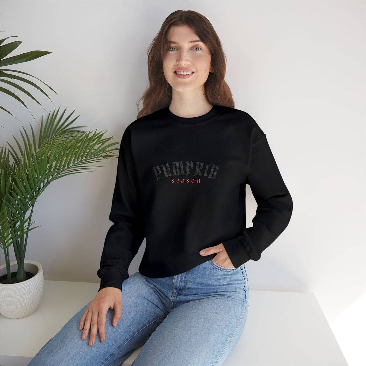 Crewneck Sweatshirt — Embroidered Black “Pumpkin Season” Fall Graphic