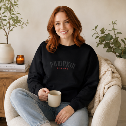 Crewneck Sweatshirt — Embroidered Black “Pumpkin Season” Fall Graphic
